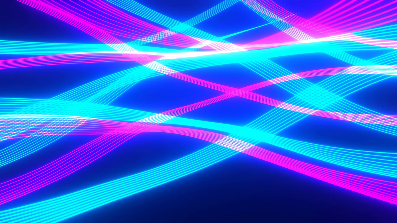 Vibrant Magenta Cyan Neon Ribbons Sweeping Across Screen, Dynamic Abstract Light Waves Creating Energetic Club