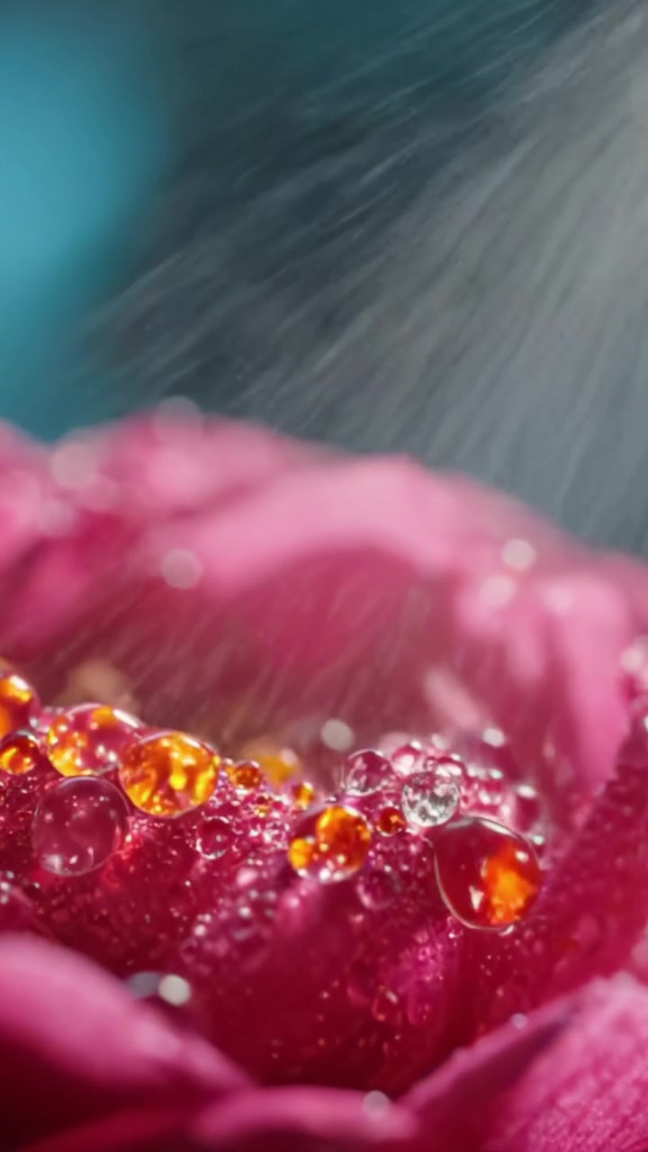 Primo piano di un fiore rosa vibrante adornato da goccioline d'acqua scintillanti, che mostra dettagli intricati e colori vivaci, evidenziando la bellezza e l'eleganza della natura.