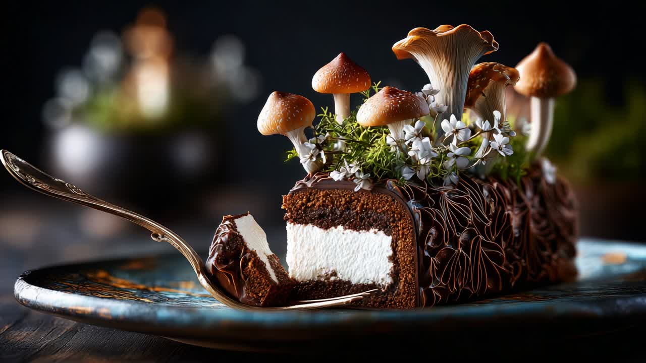A Deliciously Intricate Cake Presentation Featuring Rich Chocolate Layers, Delicate Whipped Cream Filling, and Adorned with Edible Mushrooms and Fresh Greenery for a Captivating Dessert Experience
