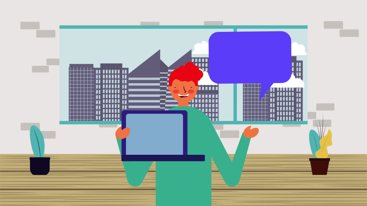businessman worker with laptop and speech bubble