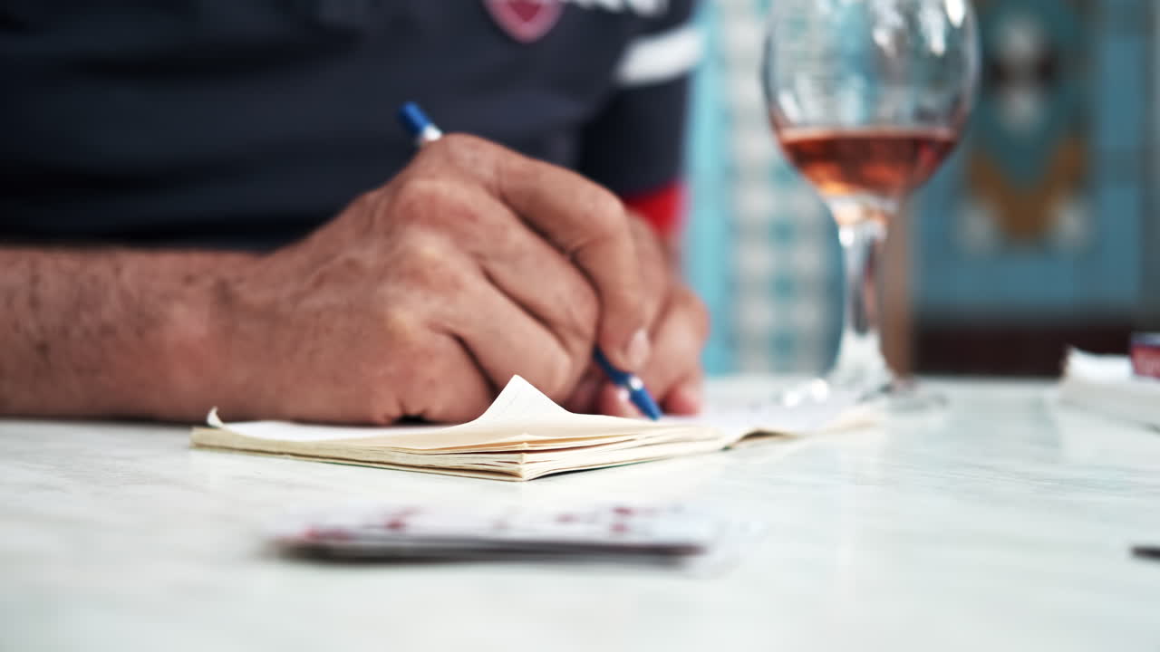 A man counting the cards and writing in the notepad