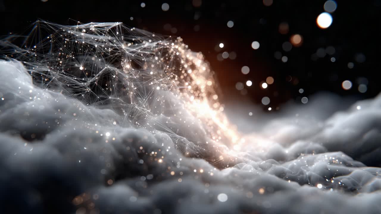 A Stunning Representation of Cosmic Energy and Light Waves Dancing Over a Mystical Cloud of Ethereal Particles in an Imaginative Digital Landscape
