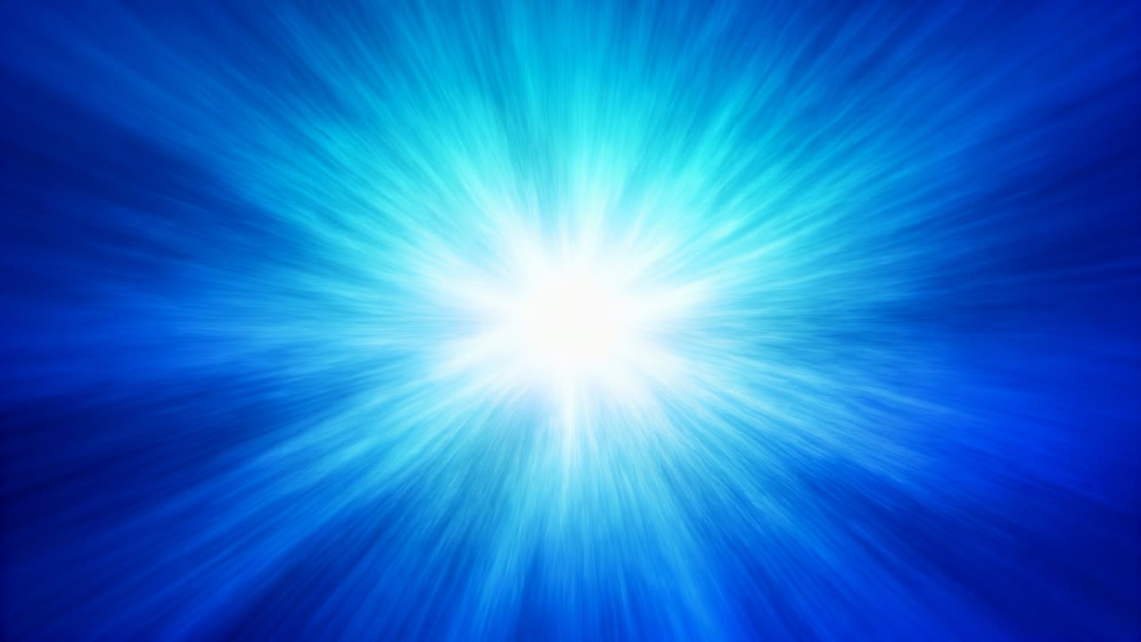 Appearing white core, center starburst pulsing out with radial rays across blue gradient settling