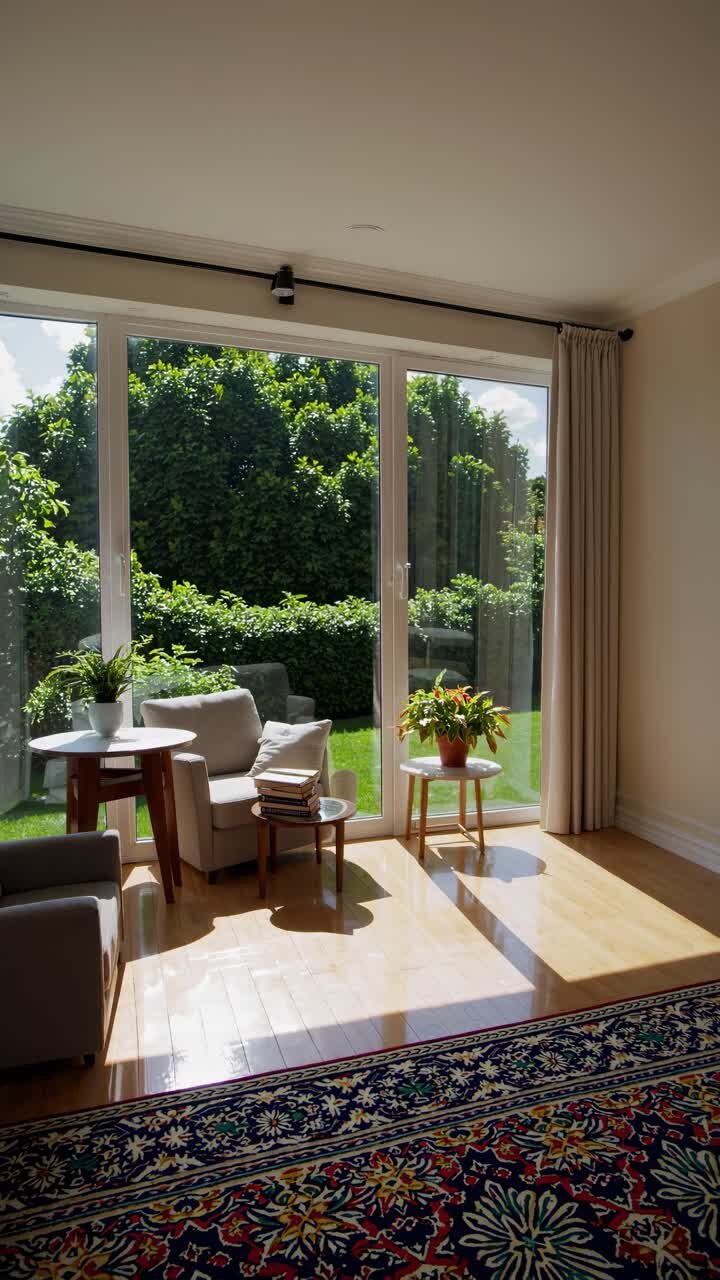 Bright living room with large windows, garden view, and cozy seating