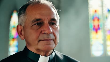 un sacerdote está de pie en una iglesia, las manos levantadas en oración