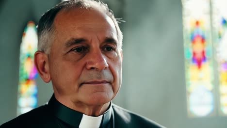 a priest stands in a church, hands raised in prayer