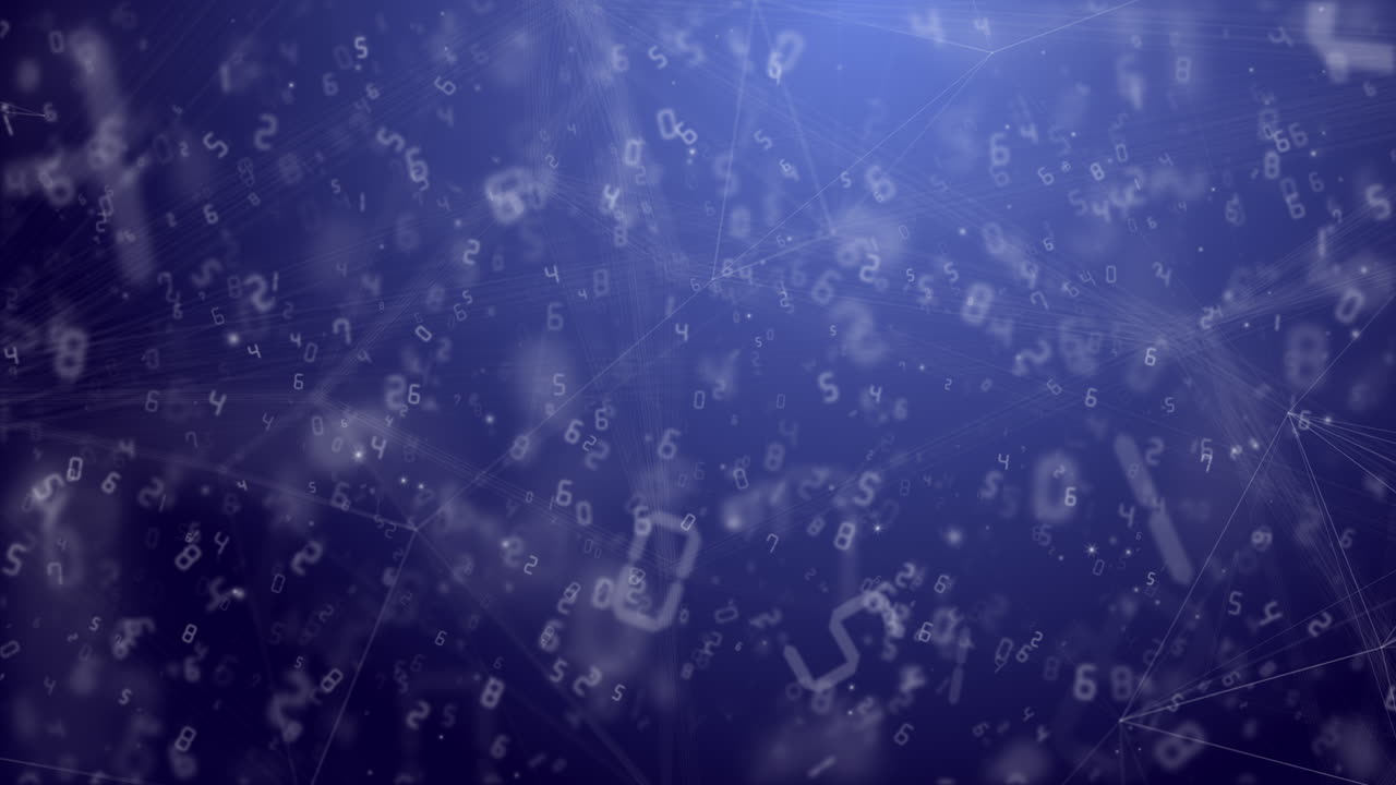 Flying blue digital binary data. Digits computer generated seamless loop abstract motion background. Flowing numbers, plexus line and particle.