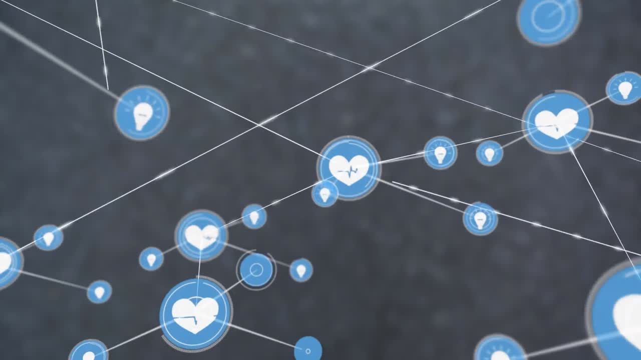 회색 배경에 있는 선으로 연결된 전구와 심장 아이콘의 애니메이션