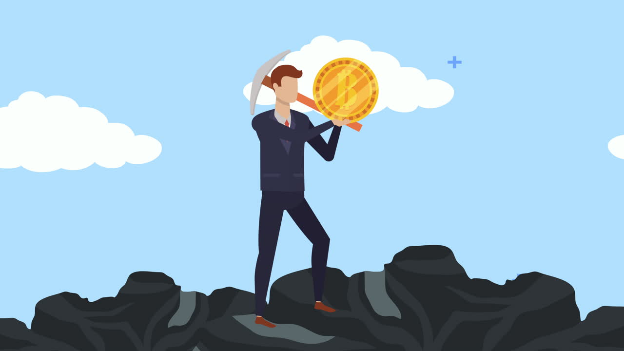 giovane uomo d'affari mining bitcoin personaggio