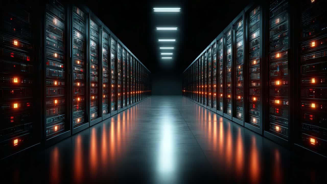 Illuminated Data Center Corridor Showcasing High-Tech Server Racks with Blinking Lights in a Darkened Environment, Highlighting Modern Computing Infrastructure