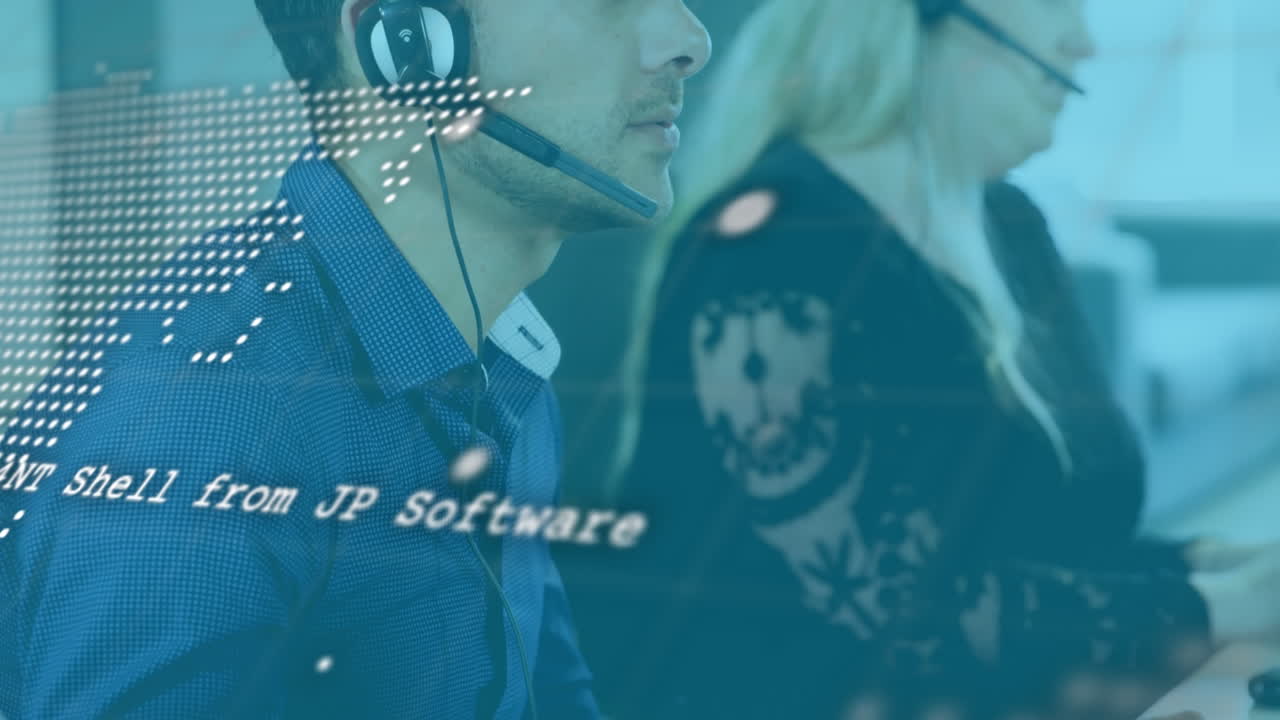 animación de datos en línea sobre diversas personas de negocios que usan auriculares de teléfono