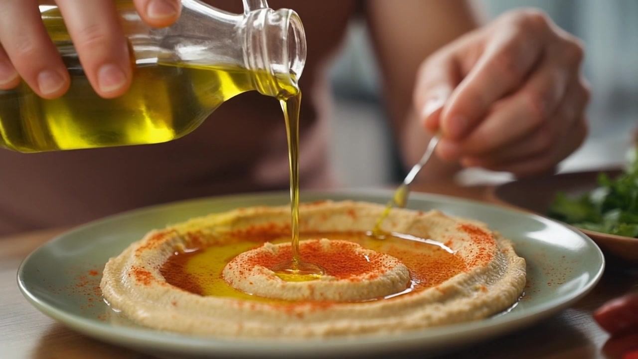 Chef che irrora olio d'oliva su un piatto di hummus fresco