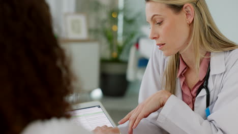 health, doctor and consulting patient with tablet