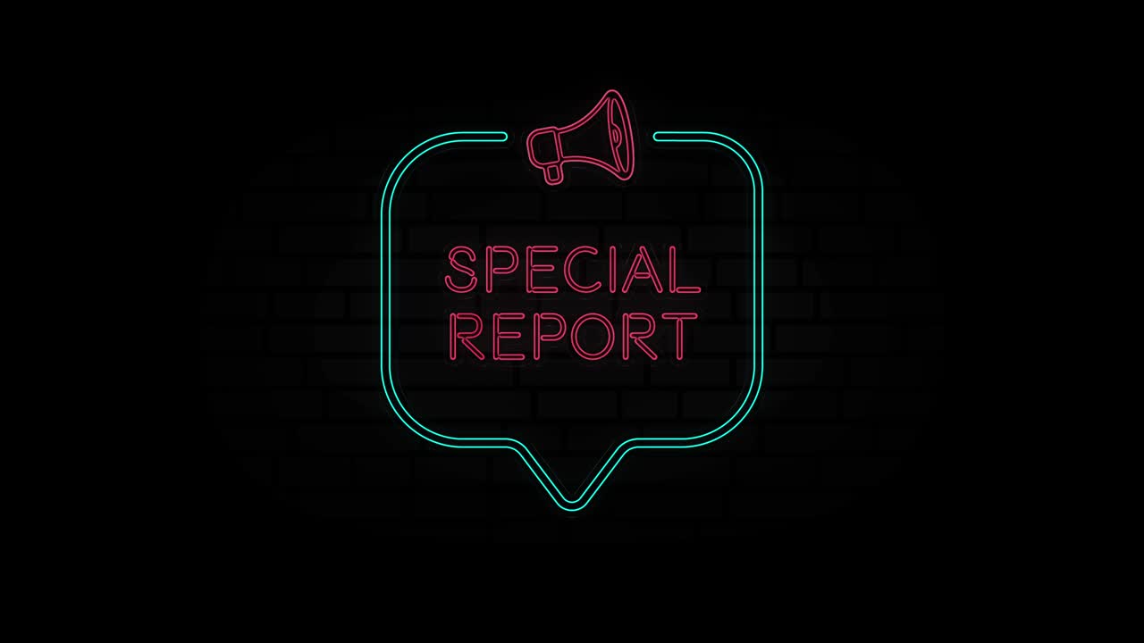 icono de megáfono de línea de neón brillante con informe especial de texto aislado en fondo negro. signo de neón de informe especial en marco de burbuja de habla con megàfono. animación gráfica de movimiento de video 4k.