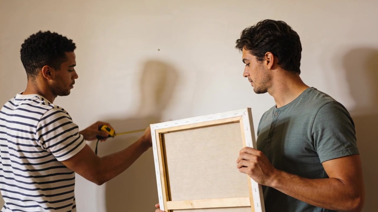 Uomo con maglietta a righe che estende un metro a nastro giallo e misura il muro, mentre l'amico con maglietta verde allinea una cornice di legno.