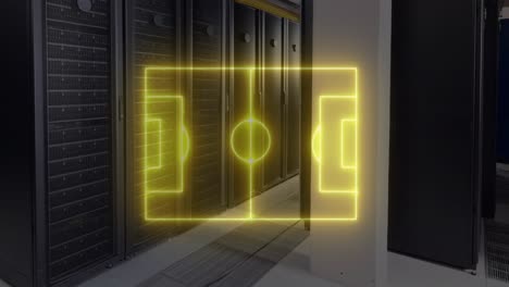 animation of yellow neon football pitch markings over computer server room