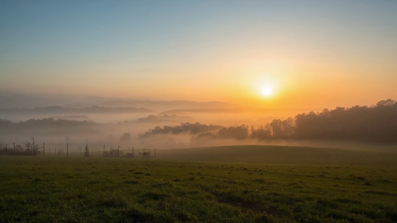 Aufgehende Sonne taucht ein nebliges Tal in Licht, lüftet den Nebel über einer ländlichen Hangweide und enthüllt Baumreihen.