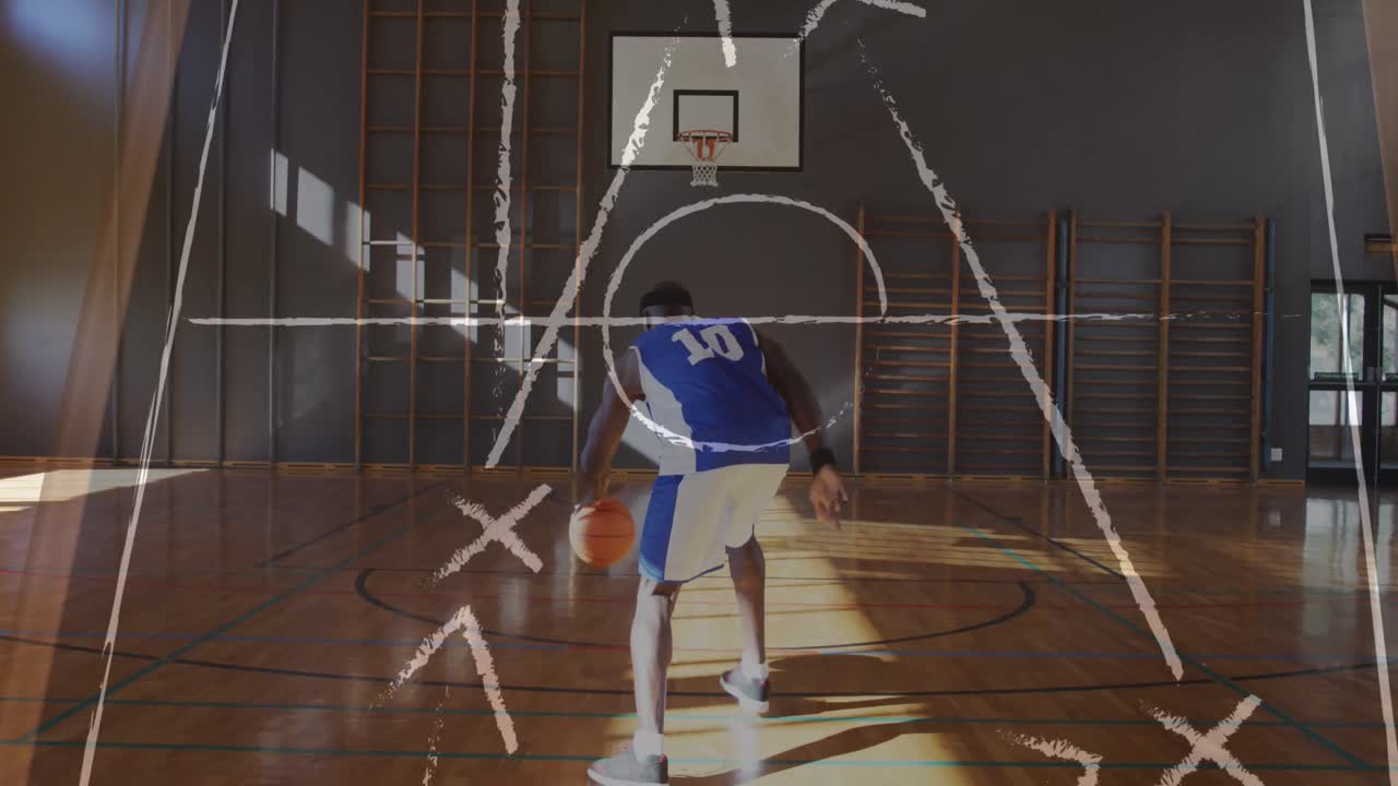 아프리카계 미국인 남자 농구 선수에 대한 게임 계획의 그림의 애니메이션