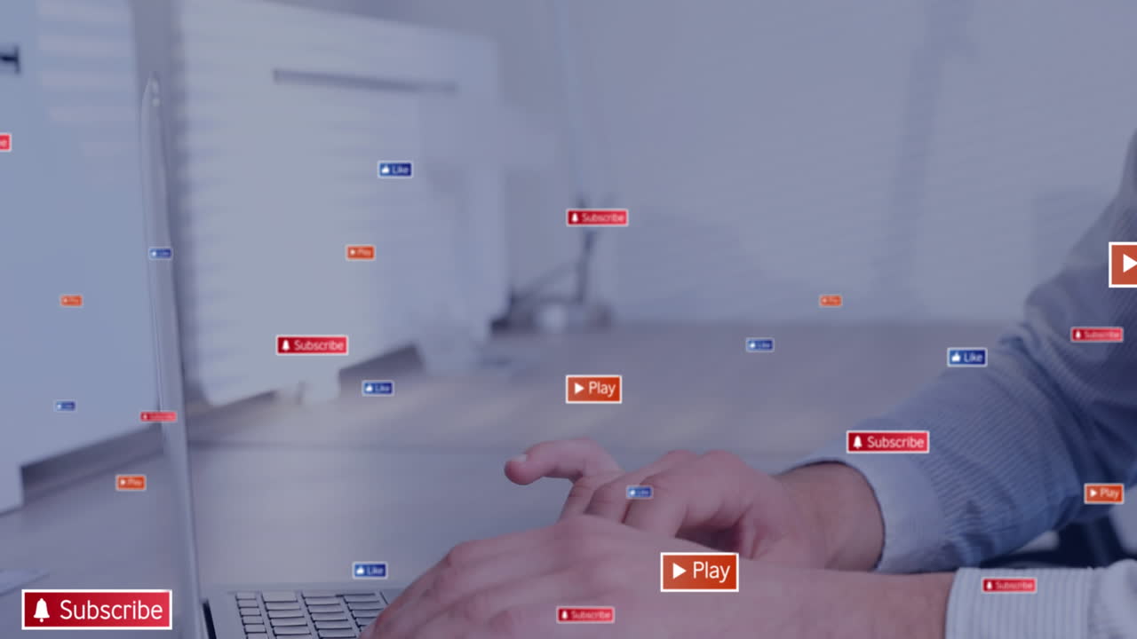 animación de iconos de las redes sociales contra un hombre caucásico que usa una computadora portátil en la oficina