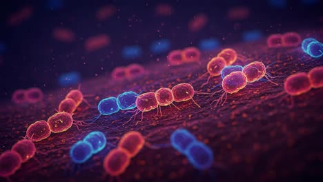 close-up visualization of bacterial colonies: a stunning look at microbial life under magnification, highlighting cellular structures and interactions in a microscopic landscape