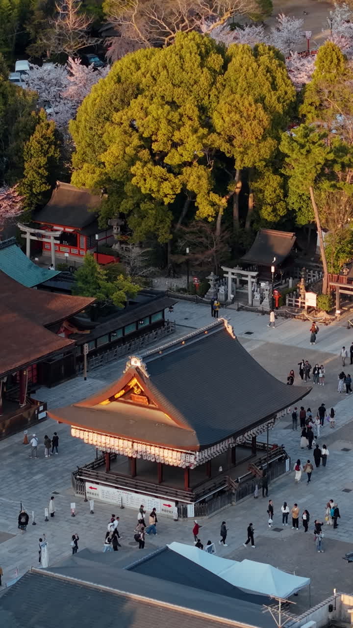 Kyoto, Japan - April 7, 2025: Aerial drone view of the Yasaka Shrine at sunset