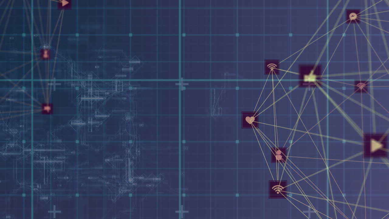 animación de la red de conexiones con iconos sobre la cuadrícula