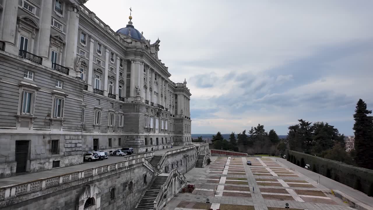 Panoramic close-up shot of the rear facade of the Royal Palace in Madrid, Spain