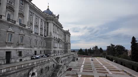 panoramic close-up shot of the rear facade of the royal palace in madrid, spain
