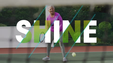 senior woman holding pickleball paddle on court, with stylized shine graphic for sports design