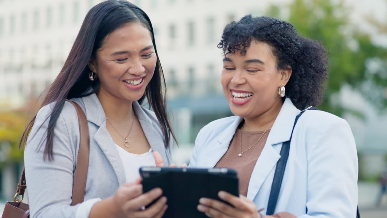 City, tablet and business women