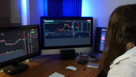 female stock trader wearing headset making trades on the market looking at graphs in an office