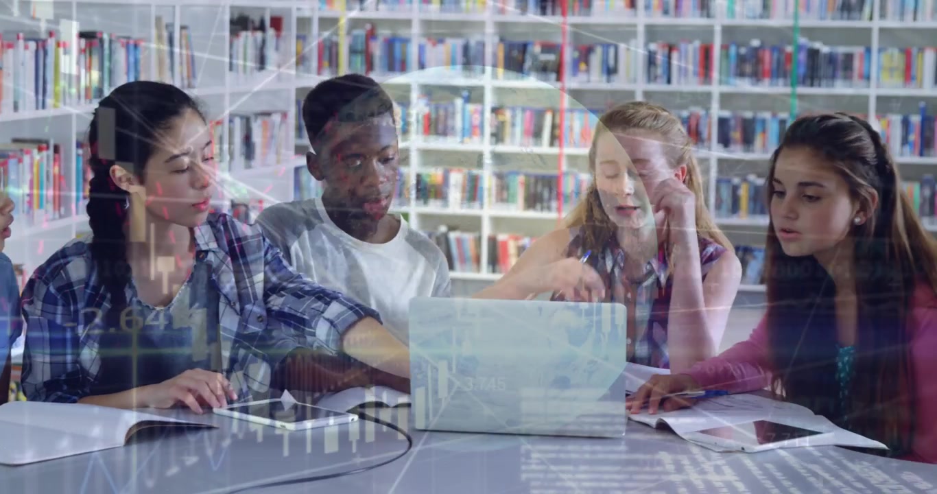 Animation of financial data processing and globe over diverse schoolchildren in class