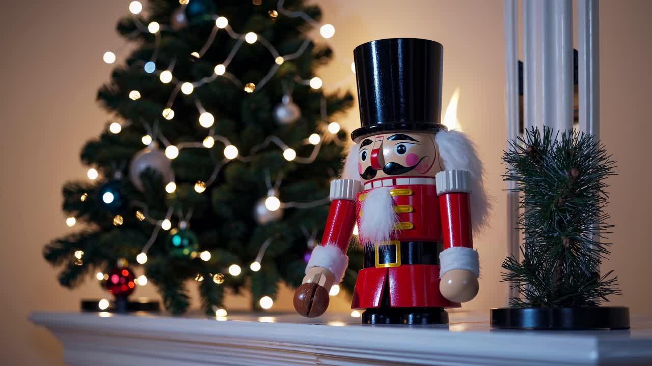 Festive video scene with a nutcracker in focus on a mantel, Christmas tree blurred