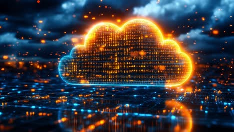 Cloud for data storage. A glowing digital cloud of binary code represents modern data storage in a vibrant digital landscape.