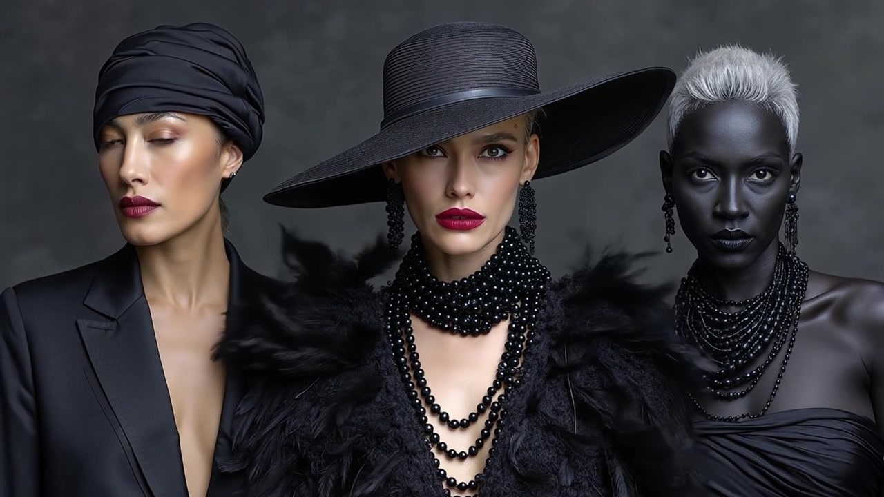 Gruppo di tre donne alla moda in posa con abiti e accessori neri di alta moda