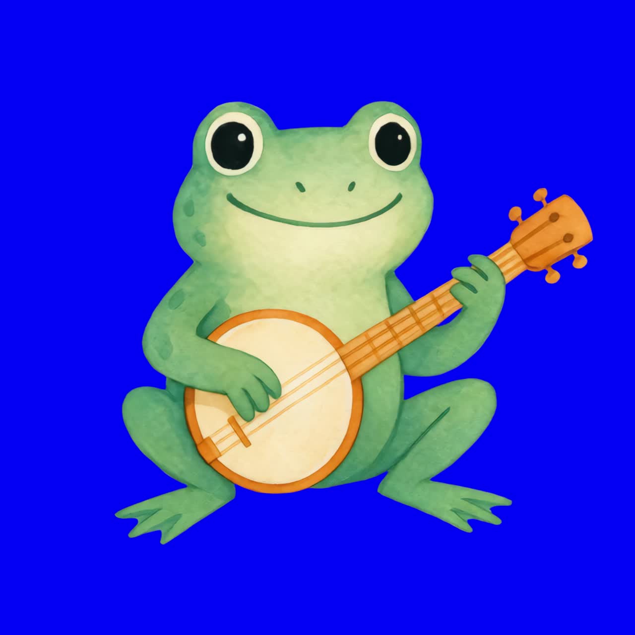 Frog playing banjo joyfully animation, transparent 4K video, green screen