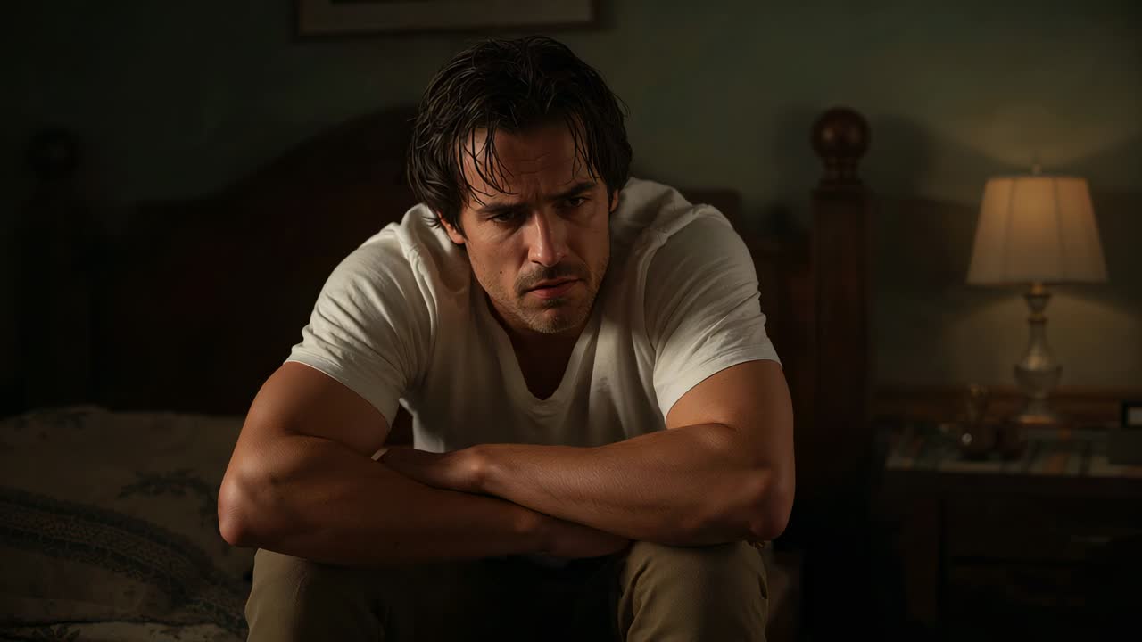 Sitting man leaning, making pensive frown on bed in bedroom by bedside lamp, wearing white tee