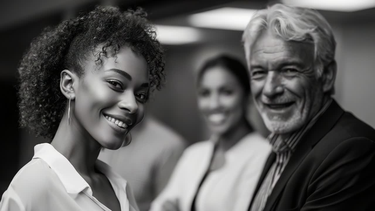 Eine lächelnde Frau und ein Mann in professioneller Kleidung nehmen an einer Networking-Veranstaltung teil, interagieren mit Angestellten in einem dynamischen Büroumfeld und zeigen Selbstvertrauen und Verbundenheit unter Gleichgesinnten