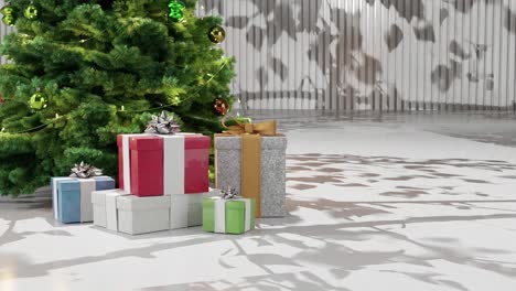 Christmas-tree-with-ornaments-and-wrapped-presents-on-a-white-floor-against-a-white-background