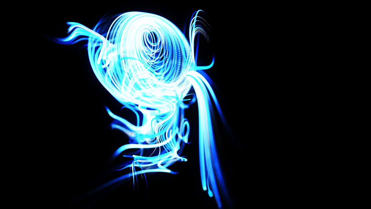 Fast lines of light streaks. Stream of particles forms curled blue lines like glow light trails, lines form swirling pattern like curle noise. Abstract 3d animation as bright creative festive bg