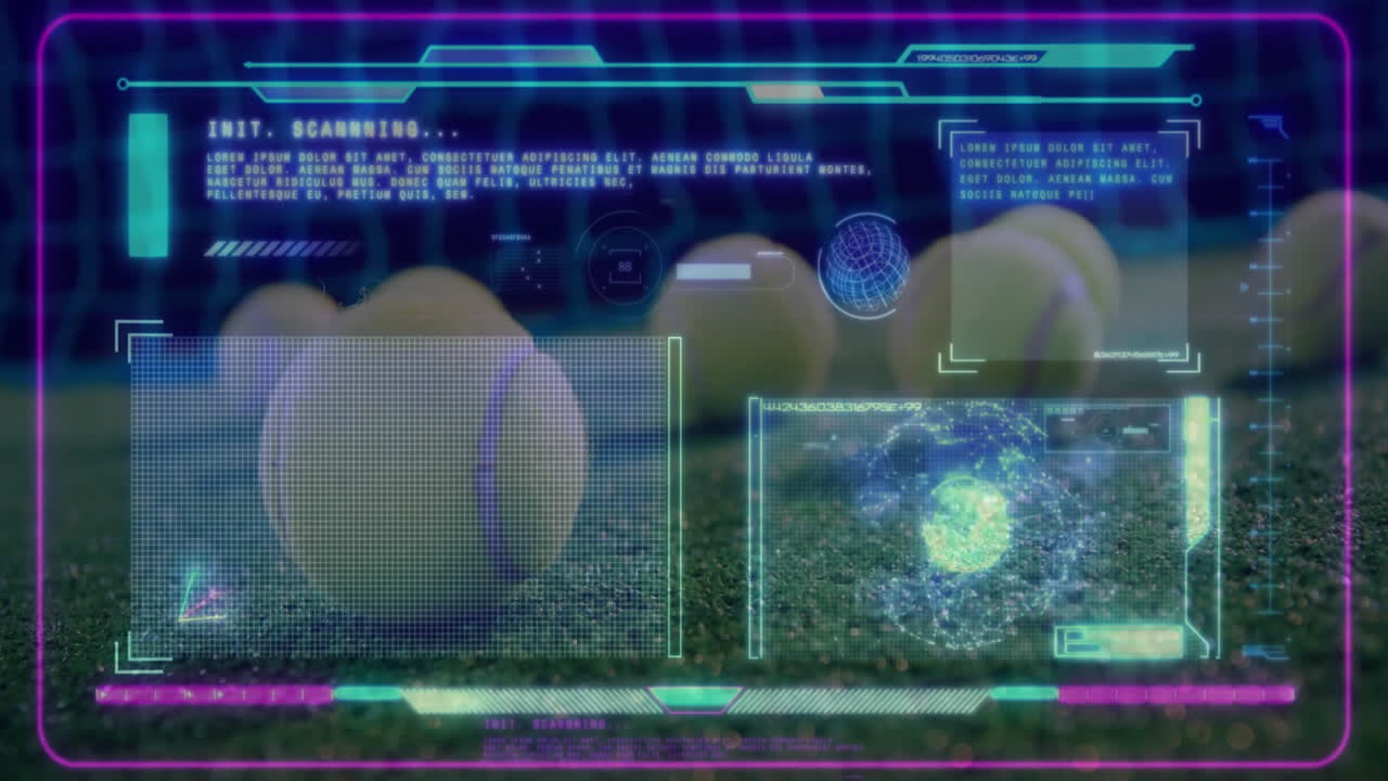 Three tennis balls glowing on turf in 3D-rendered scene displaying neon HUD charts animating