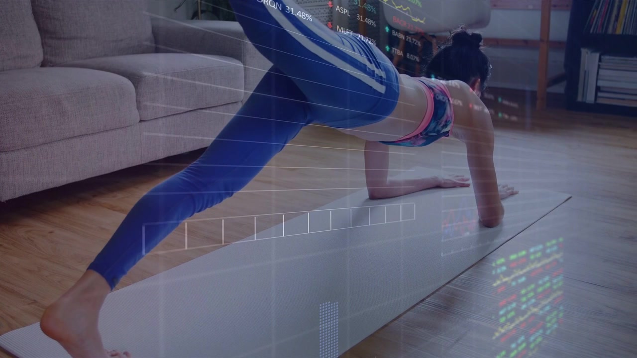 Vertical video: From plank she doing right-leg lift-tuck-extend reps, HUD tracking core glute tone