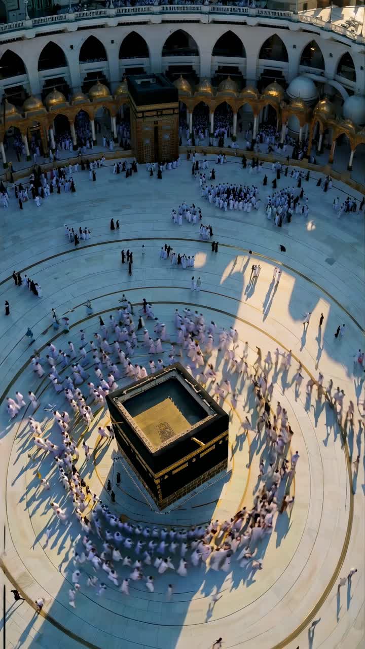 Aerial view video of people circling the Kaaba, capturing the spiritual essence and movement