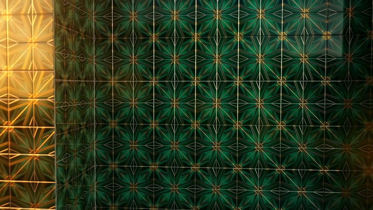 Middle frame showcases a decorative metal surface with a repeating emerald green and gold geometric pattern