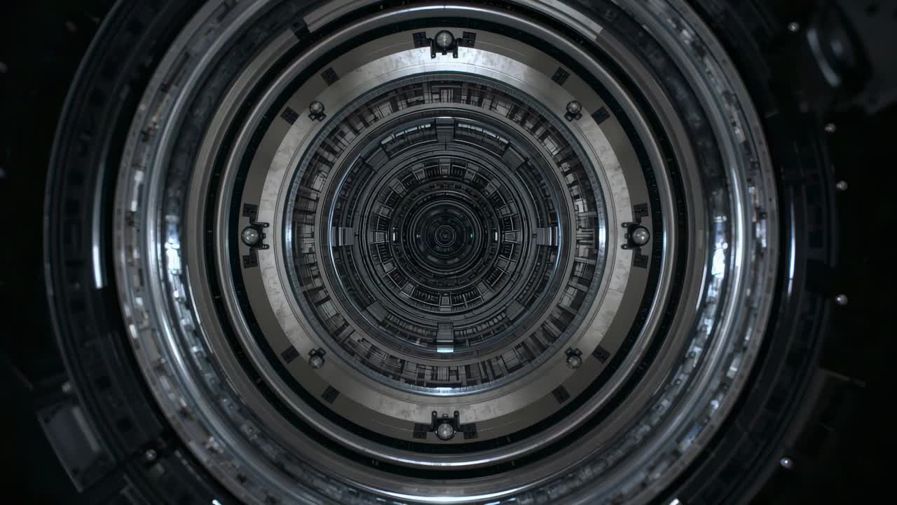Pulsing LED ring illuminating concentric metal rings in inspection bay, revealing bolt glints