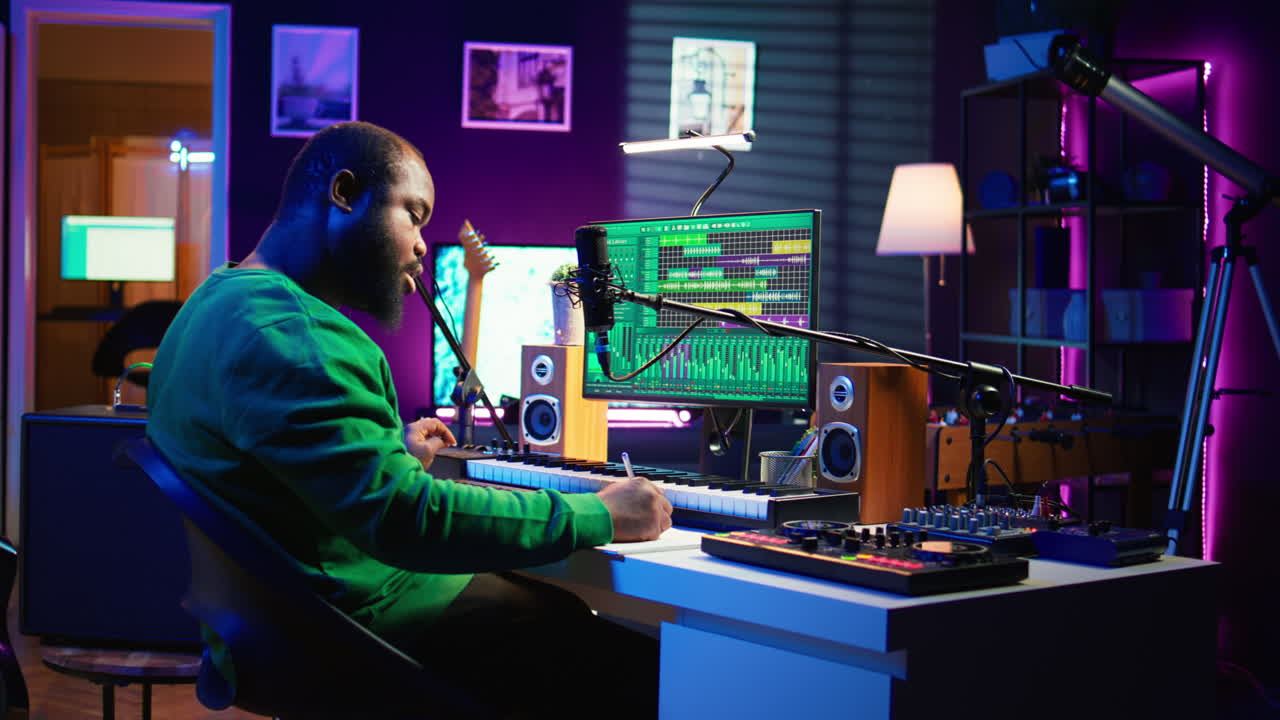 Songwriter taking notes to create new tracks for an album in his home studio