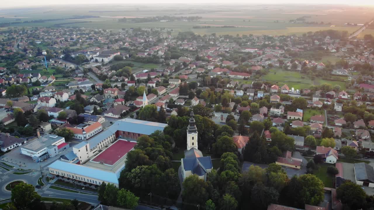 Flying around a small town with a panoramic view, drone shot