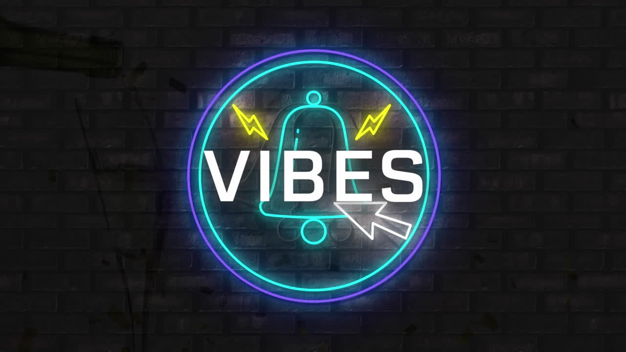 animación de vibraciones banner de texto sobre icono de campana de notificación de neón contra pared de ladrillo gris