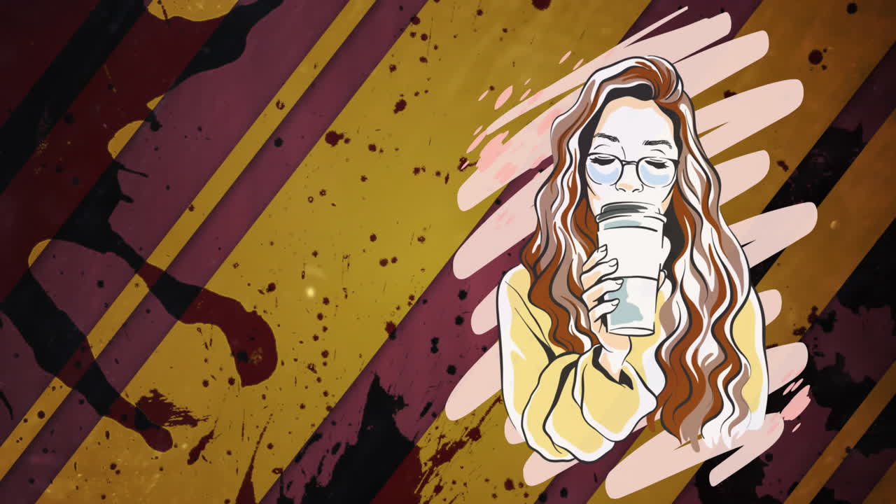 animación de una mujer bebiendo café sobre manchas coloridas