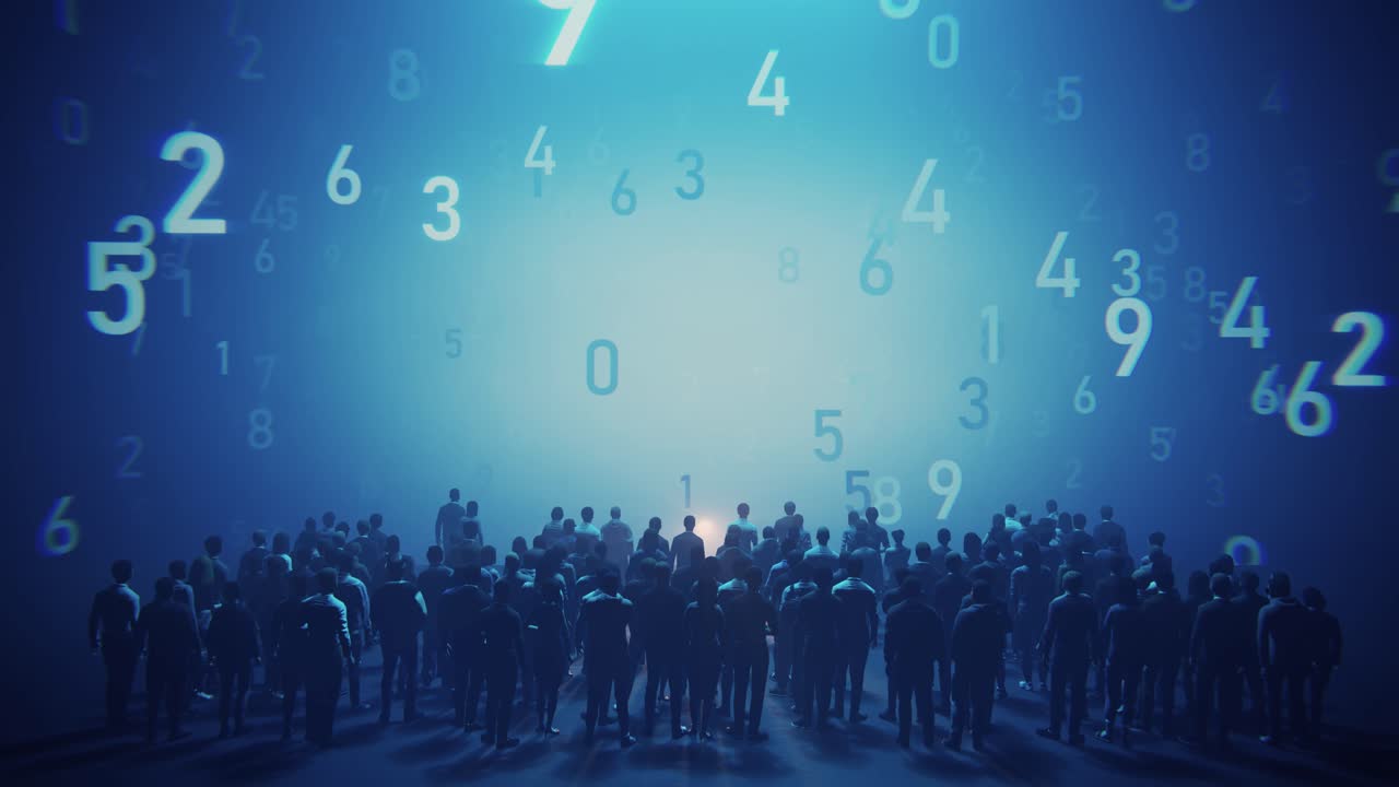 Silhouetted Crowd Watching Digital Numbers Fall in Abstract Blue Space